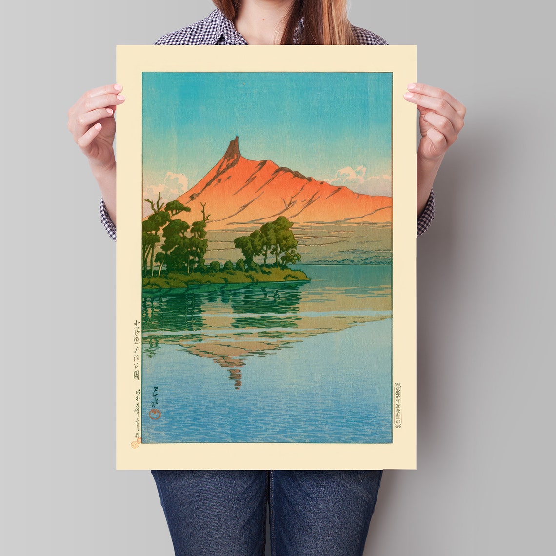Japanese Red Mountain Lake Reflection Woodblock Style Dawn Poster - Image 4