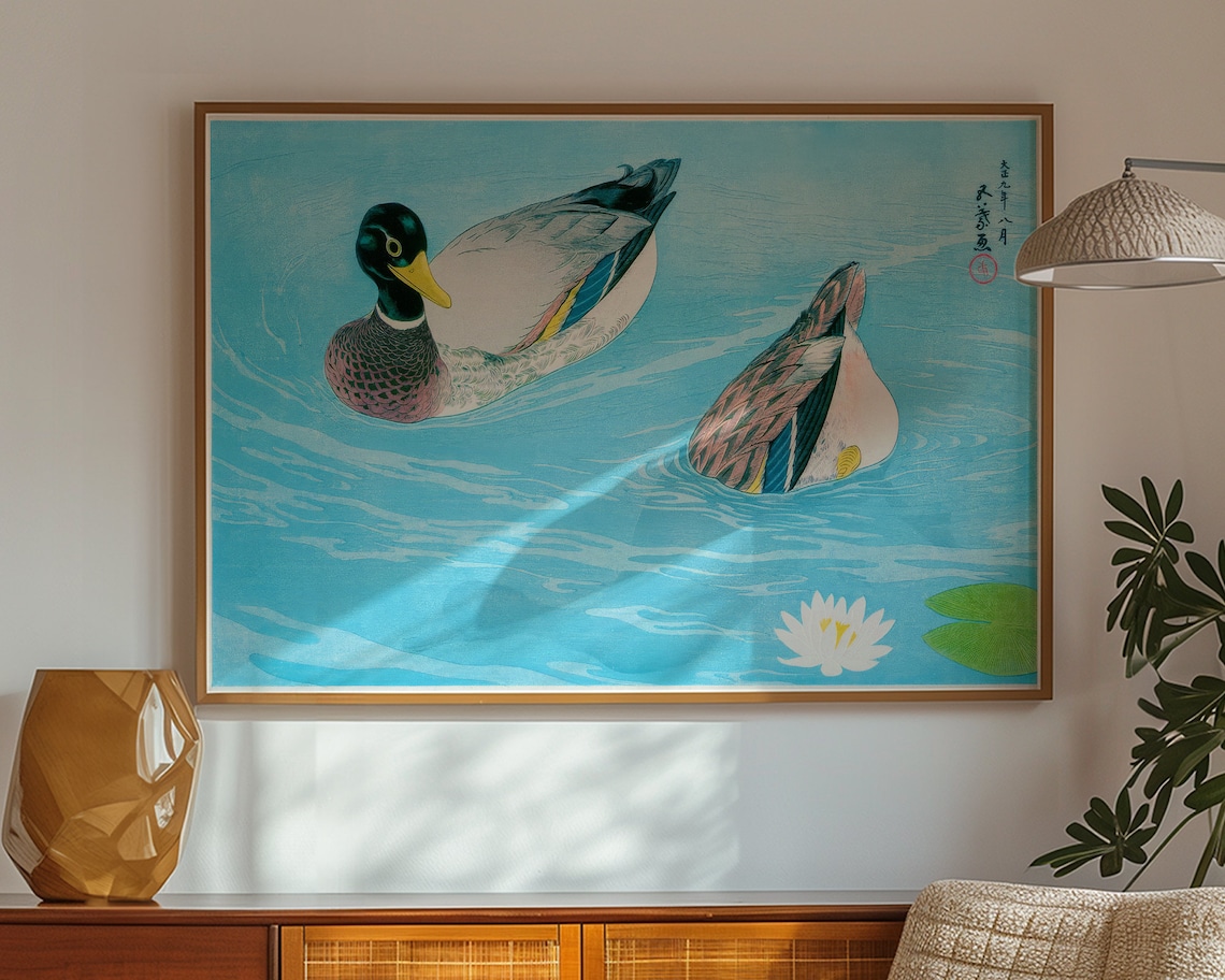 Kawase Hasui Ducks Swimming Blue Water Lily Vintage Woodblock Art Poster