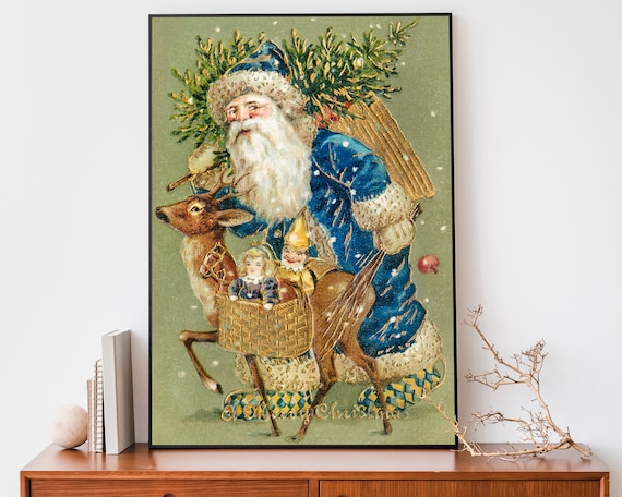 Vintage Santa Claus In Blue Coat Riding Reindeer Merry Christmas Poster