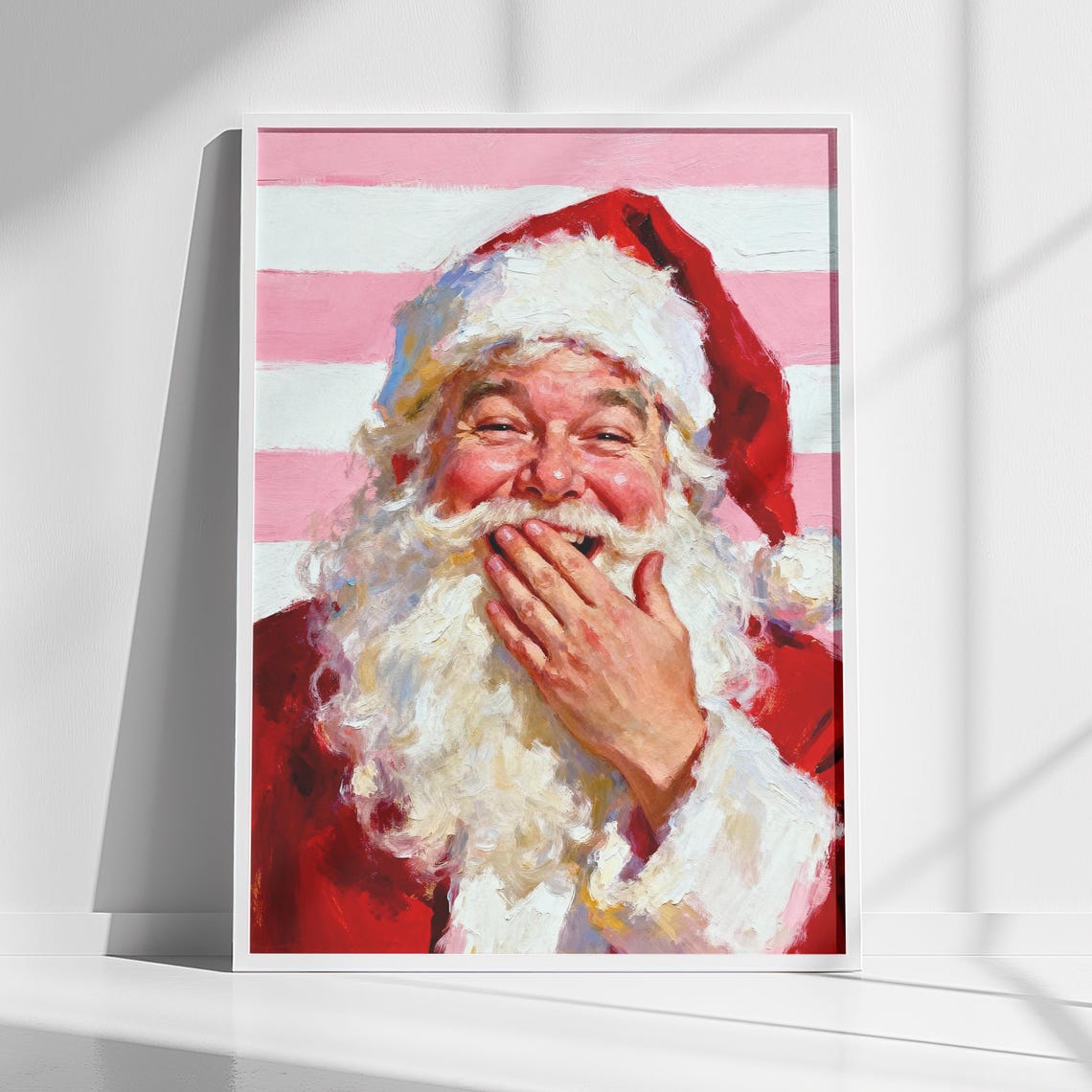 Laughing Santa Claus Pink Striped Christmas Holiday Painting Poster