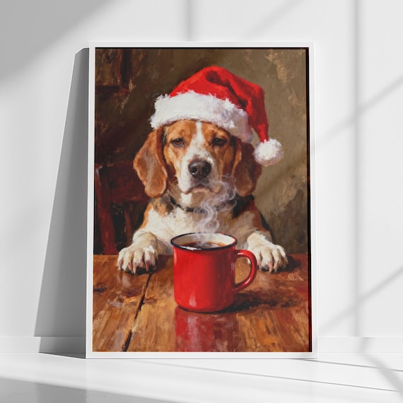 Beagle Dog in Santa Hat with Christmas Coffee Mug Holiday Poster