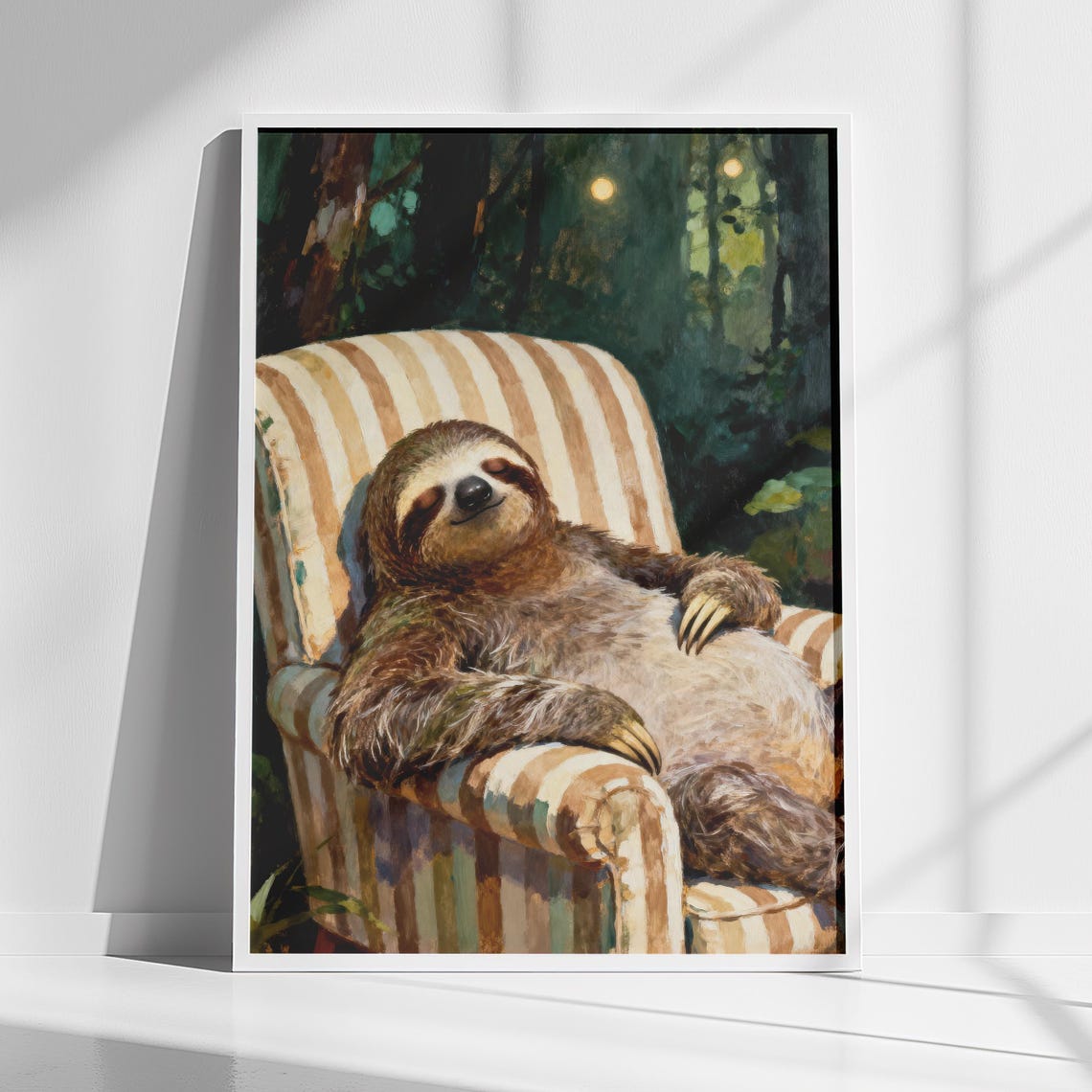 Sloth Lounging in Striped Armchair Whimsical Forest Painting Poster