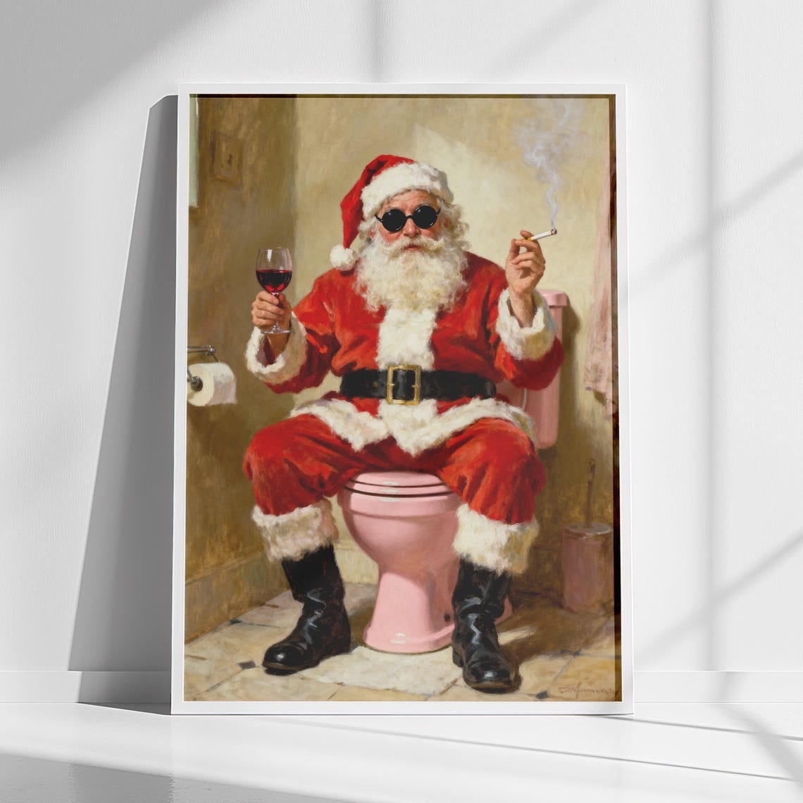 Santa on Pink Toilet with Wine Funny Bathroom Christmas Poster