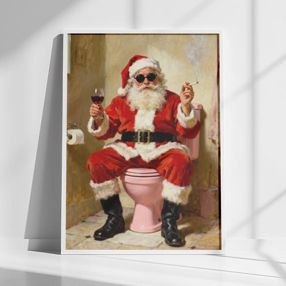 Santa Bathroom Wall Art Funny Christmas On Pink Toilet Print Instant