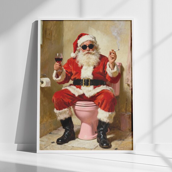 Santa on Pink Toilet with Wine Funny Bathroom Christmas Poster
