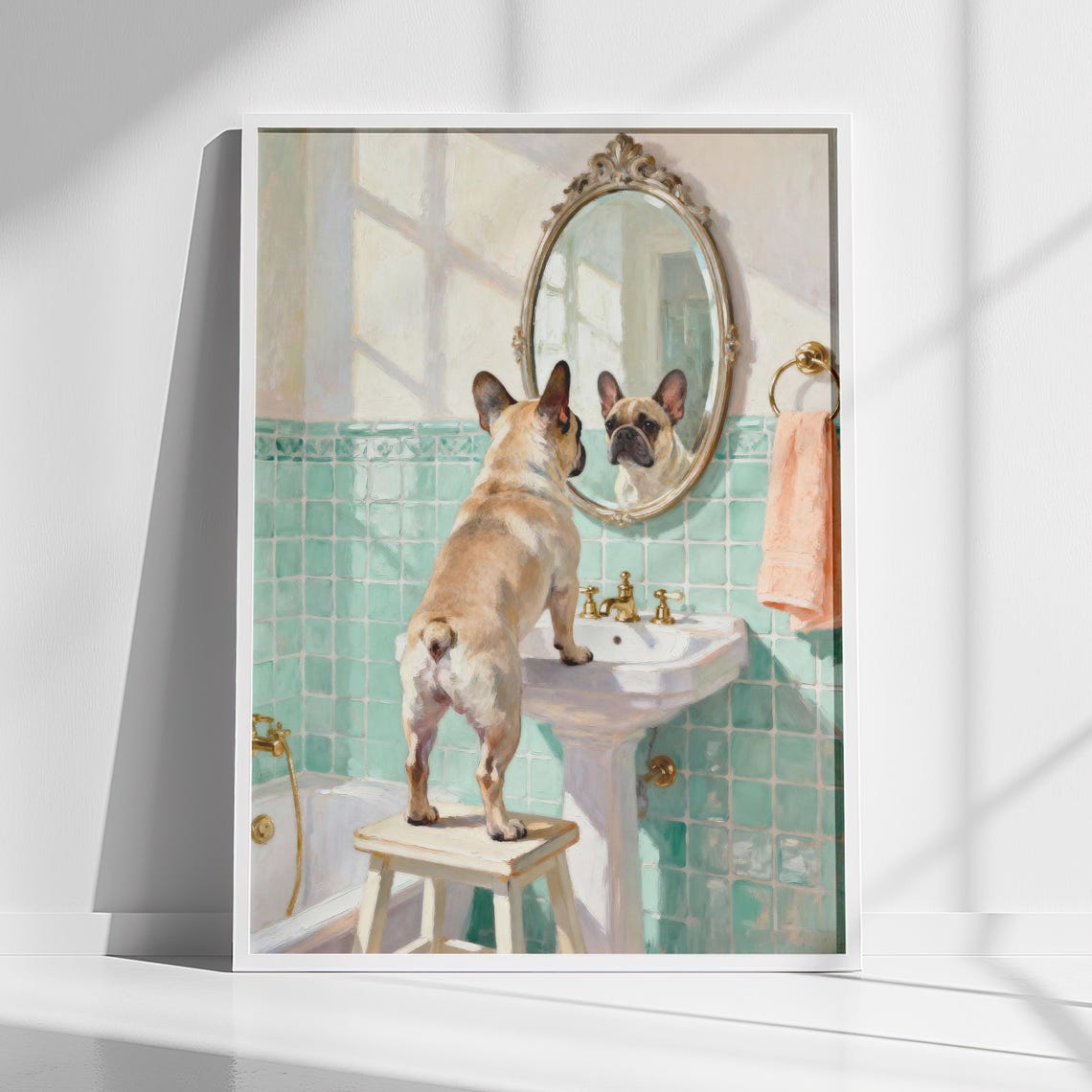 French Bulldog Puppy Mirror Moment Cute Bathroom Scene Poster