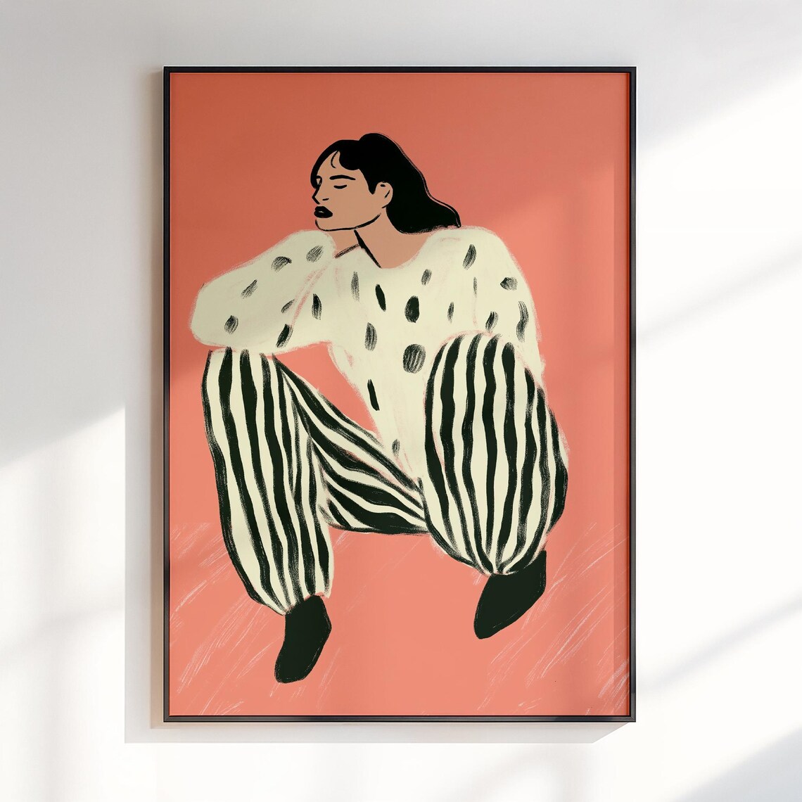 Relaxed Woman In Polka Dots And Striped Pants Bold Coral Maximalist Poster