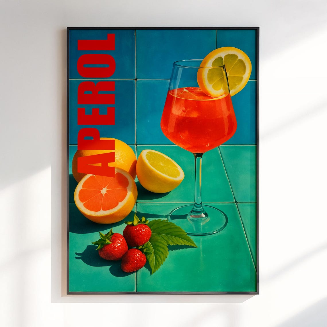 Retro Aperol Citrus Spritz Served on Turquoise Tiled Counter Poster