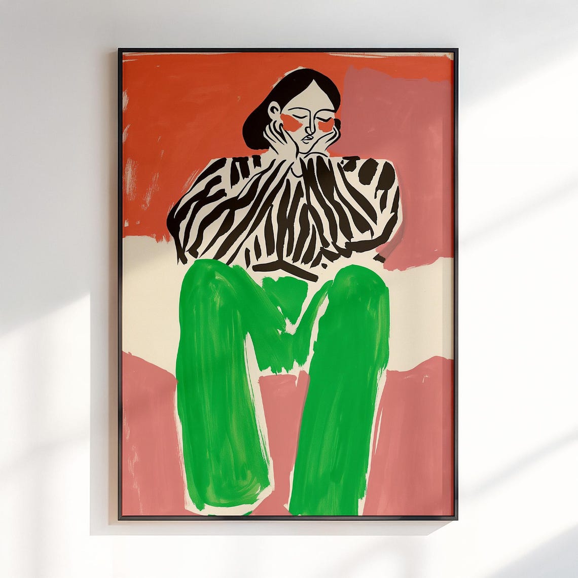 Abstract Seated Woman Striped Blouse Print Bold Orange Maximalist Art