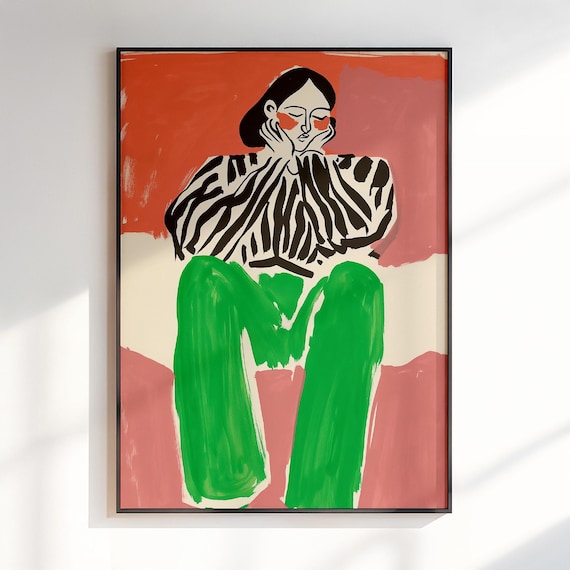 Abstract Seated Woman Striped Blouse Print Bold Orange Maximalist Art