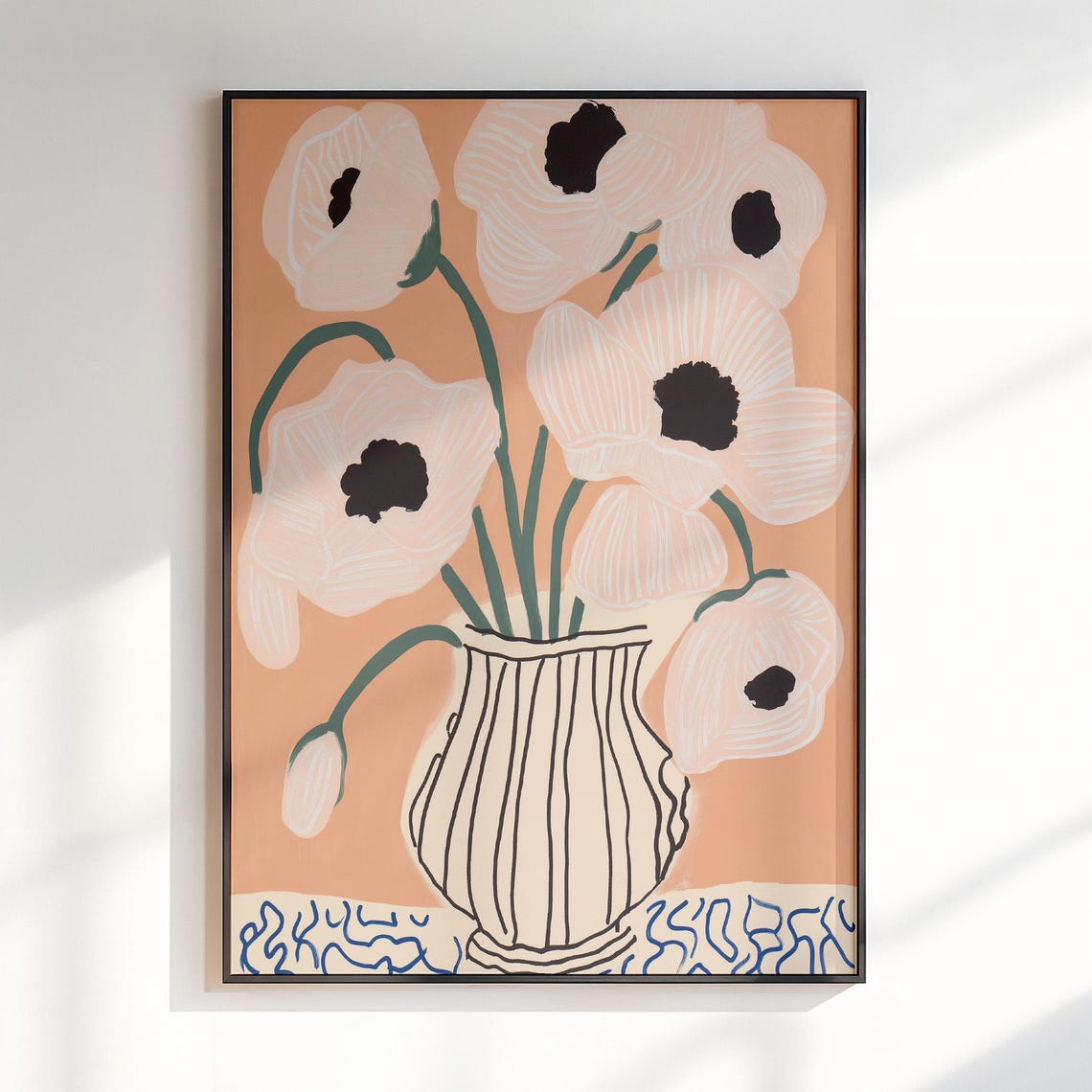White Anemones In Striped Vase Hand Drawn Retro Botanical Poster