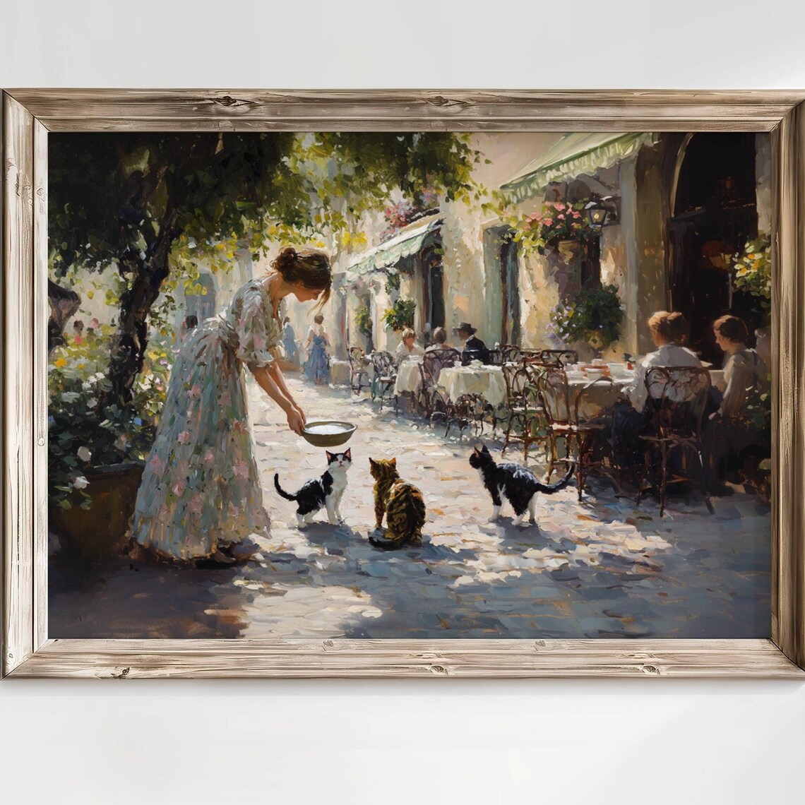 Woman Feeding Cats at Outdoor Cafe, Impressionist Art Print - Image 7
