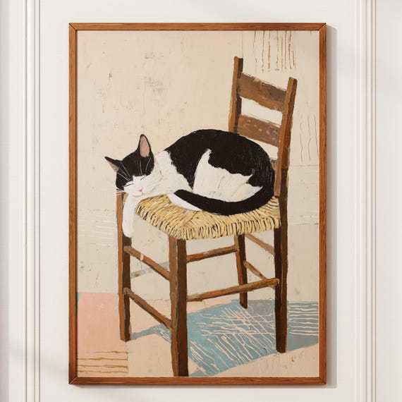 Whimsical Cat Art Wall Cozy Print Black And White Painting