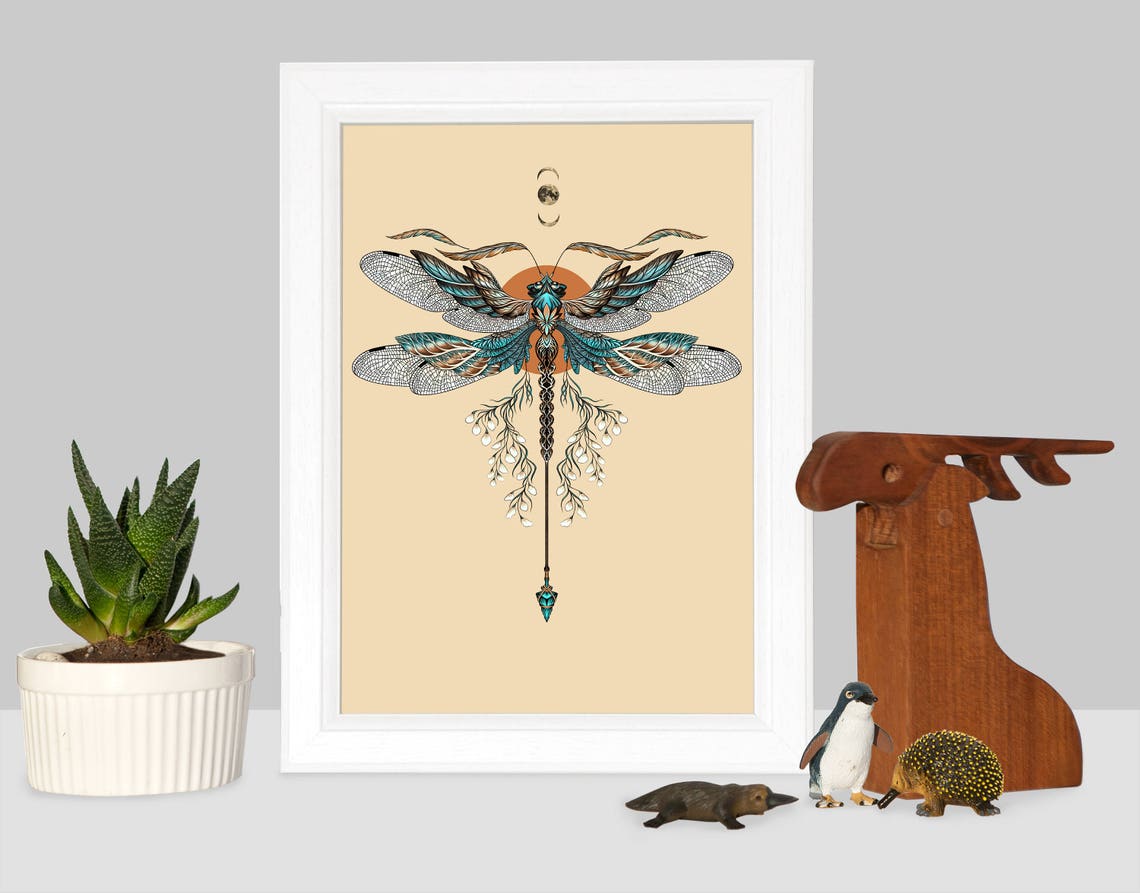 Dragonfly Tattoo Art Print, Tribal Floral Moon - Image 4