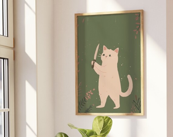 Funny Cat Poster Sage Green Cute Cat Lady Art Cute Animal Poster Fun Apartment Cat Prints Cat Illustration Girly Aesthetic Art