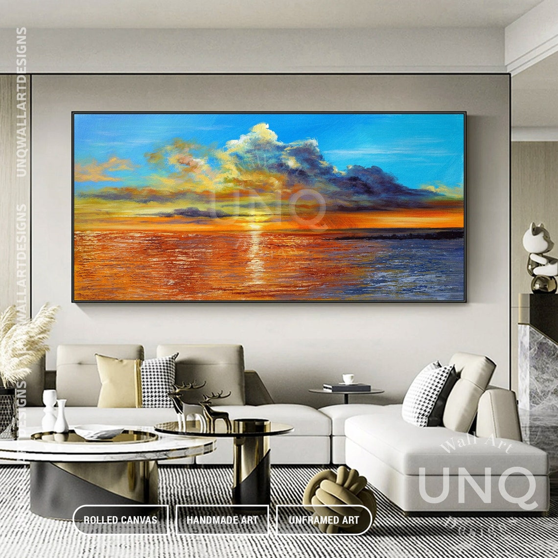 Golden Ocean Sunset Over Sea Dramatic Clouds Impasto Painting Poster - Image 2