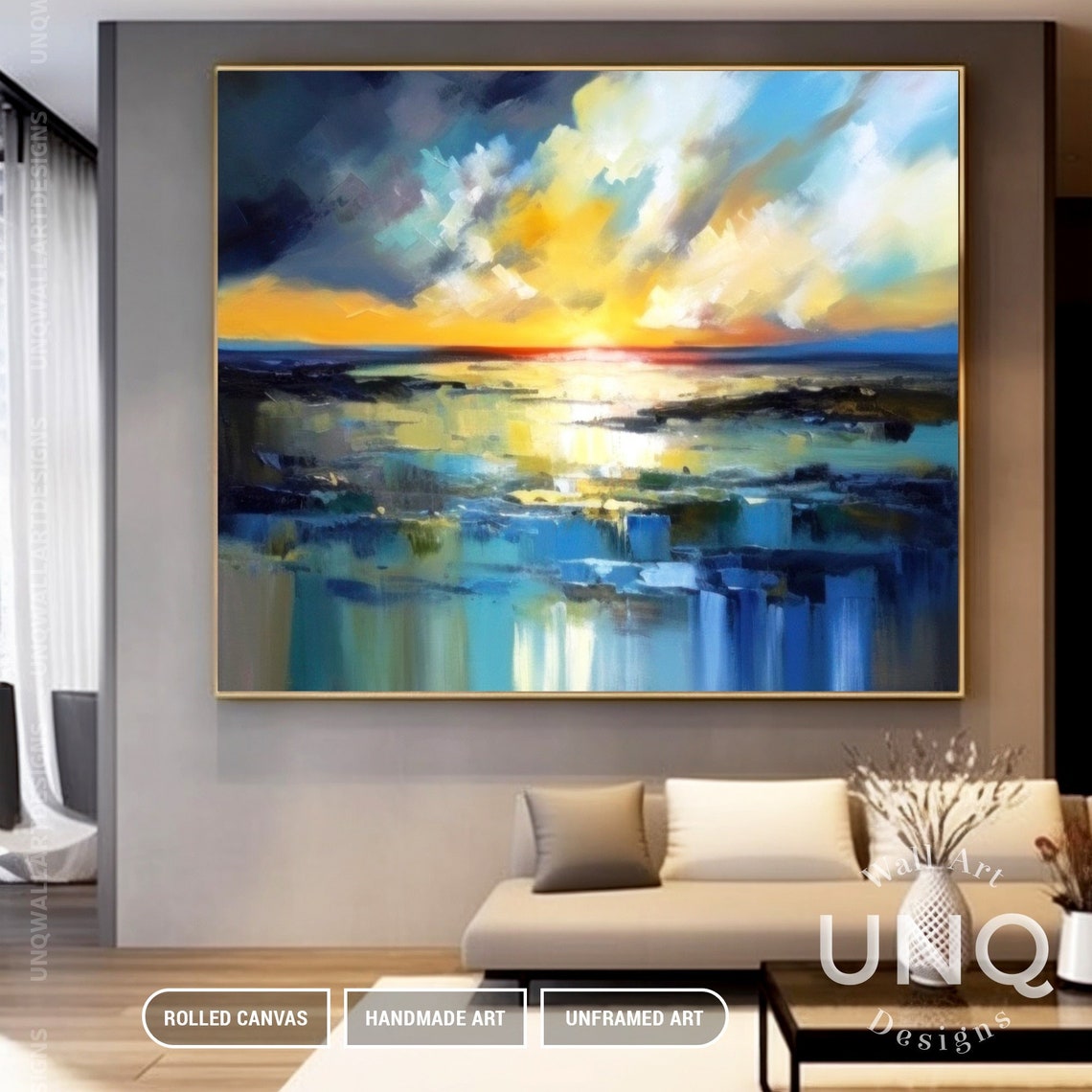 Dramatic Sunset Seascape Painting Golden Clouds Over Blue Sea Poster - Image 3
