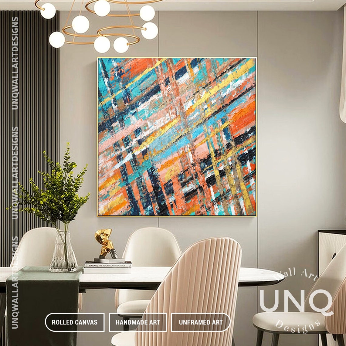 Orange Teal And Navy Diagonal Lines Colorful Modern Boho Art Poster - Image 3