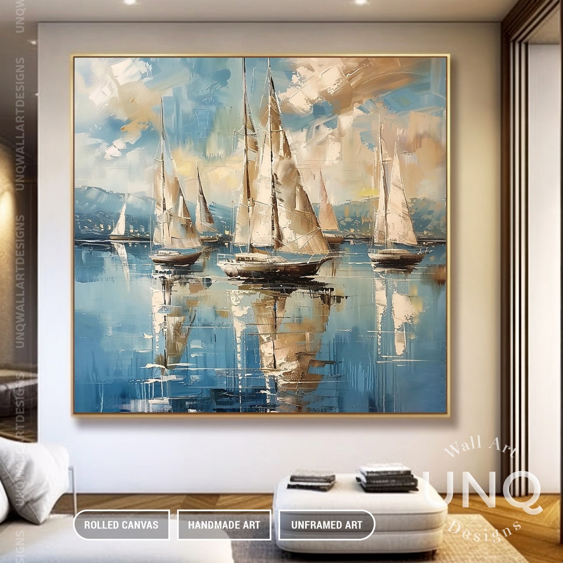 Sailboats On Blue Harbor Water Nautical Impressionist Art Poster - Image 4