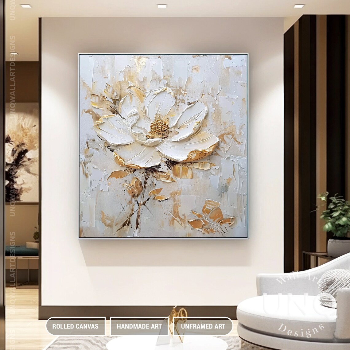 White And Gold Impasto Flower On Pale Grey Modern Floral Art Poster - Image 4