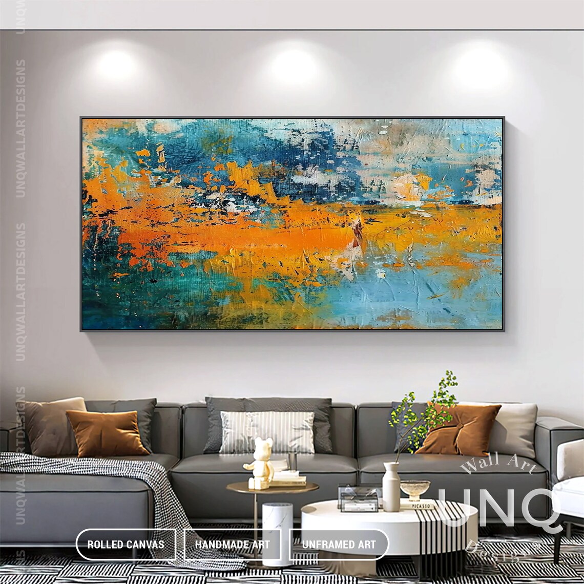 Original Hand Painted Blue Orange Wall Art Vertical Stylish Blue Decoration Gift Rustic Teal Blue Decor Idea Contemporary Wall Art - Image 7