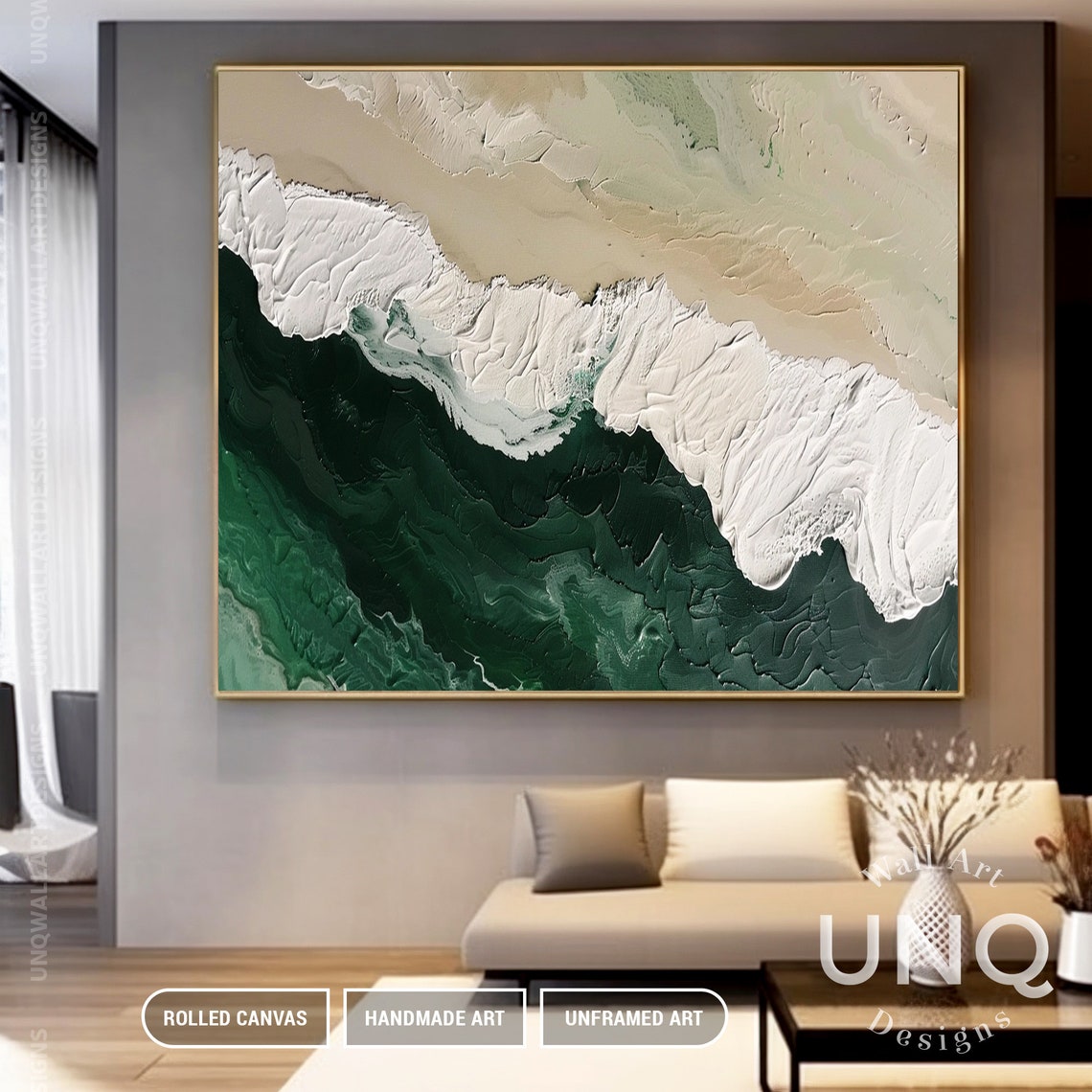 Emerald Green And Beige Abstract Sea Waves Heavy Impasto Art Poster - Image 5