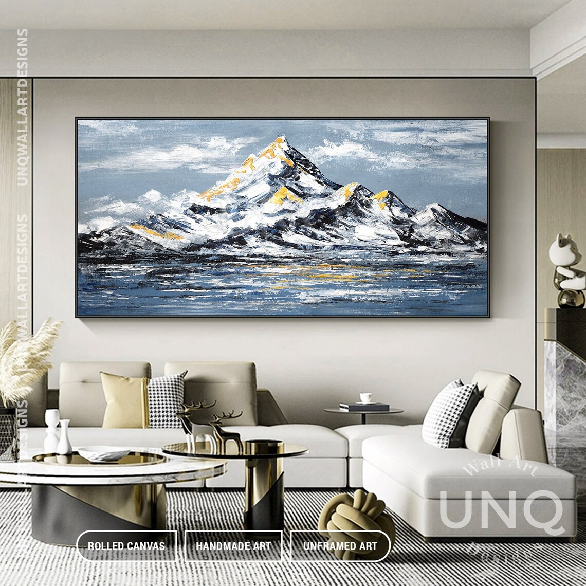 Golden Snow Mountain Over Lake Winter Landscape Gold Leaf Art Poster - Image 2