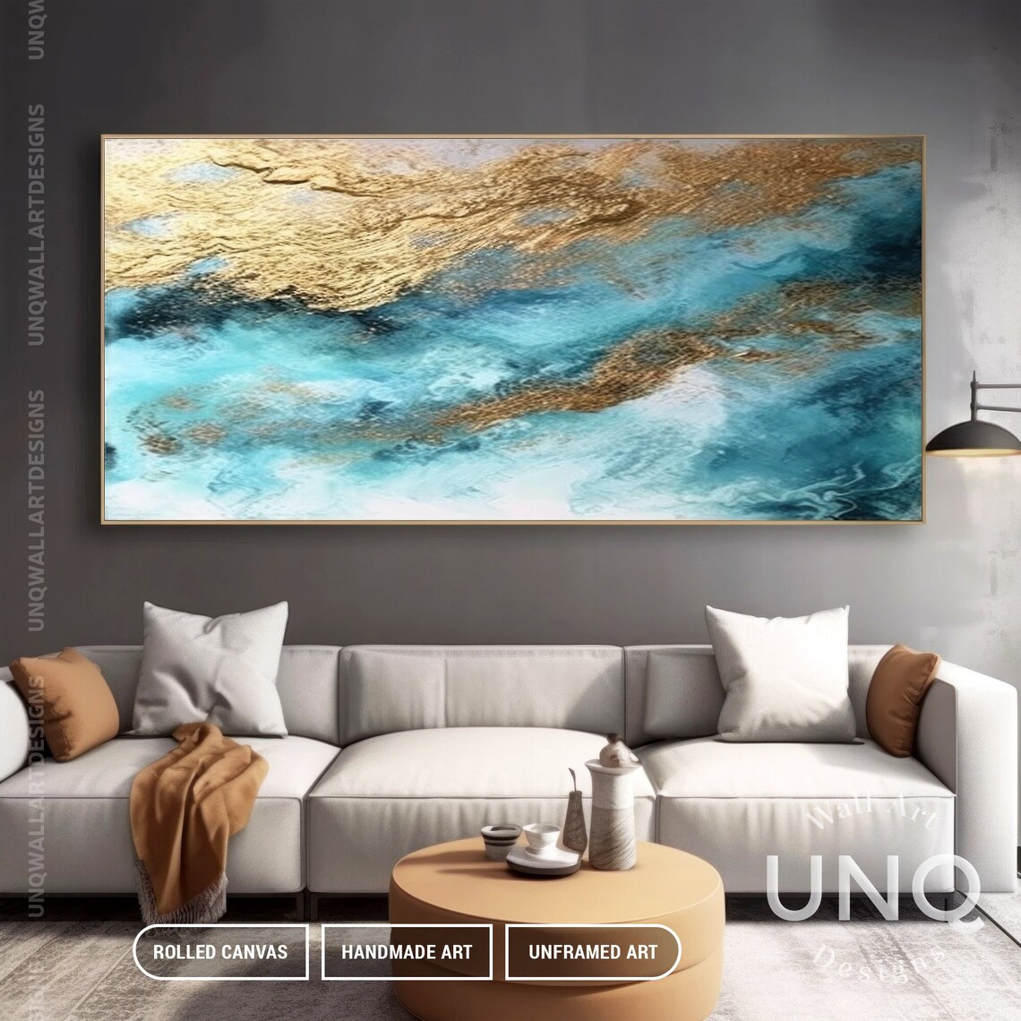 Blue Gold Leaf Ocean Abstract Wall Art Print - Image 5