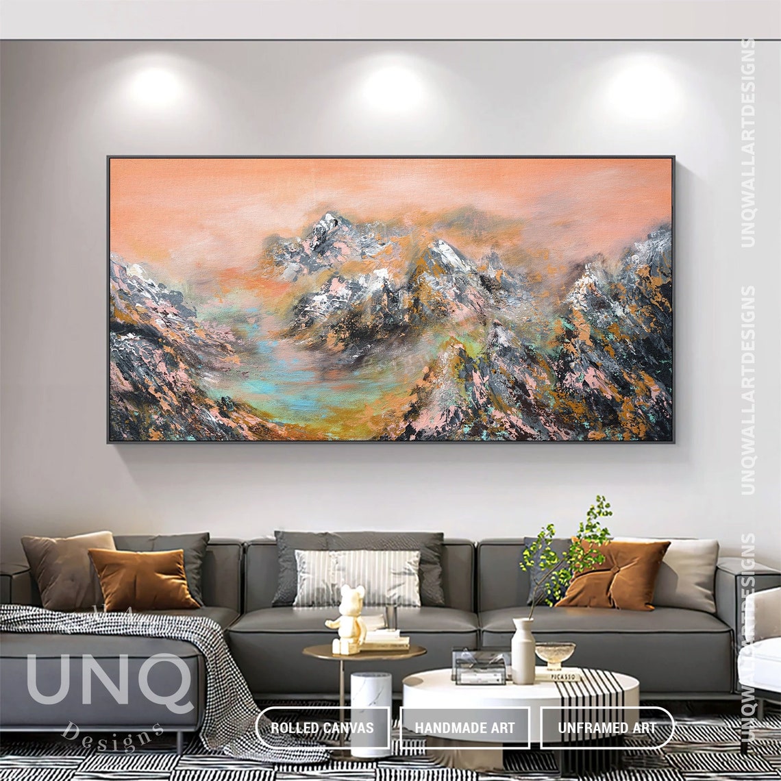 Abstract Colorful Mountain Painting Large Oil Acrylic Handmade Wall Art Minimalist Mountain Living Room Colorful Mountain On