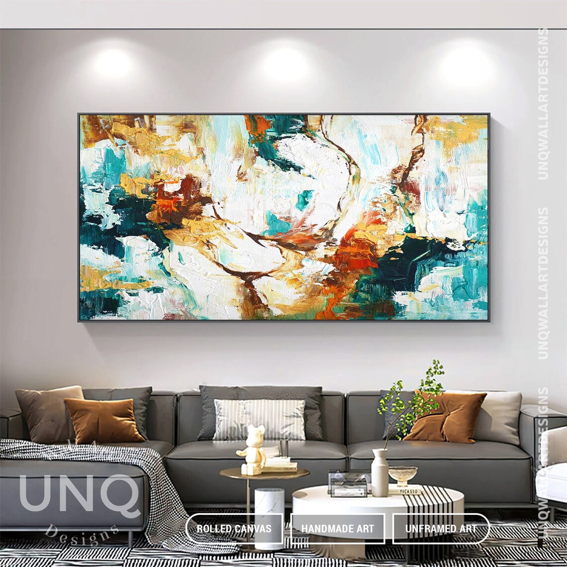 Teal White And Gold Floral Impasto Modern Abstract Oil Painting Poster - Image 4