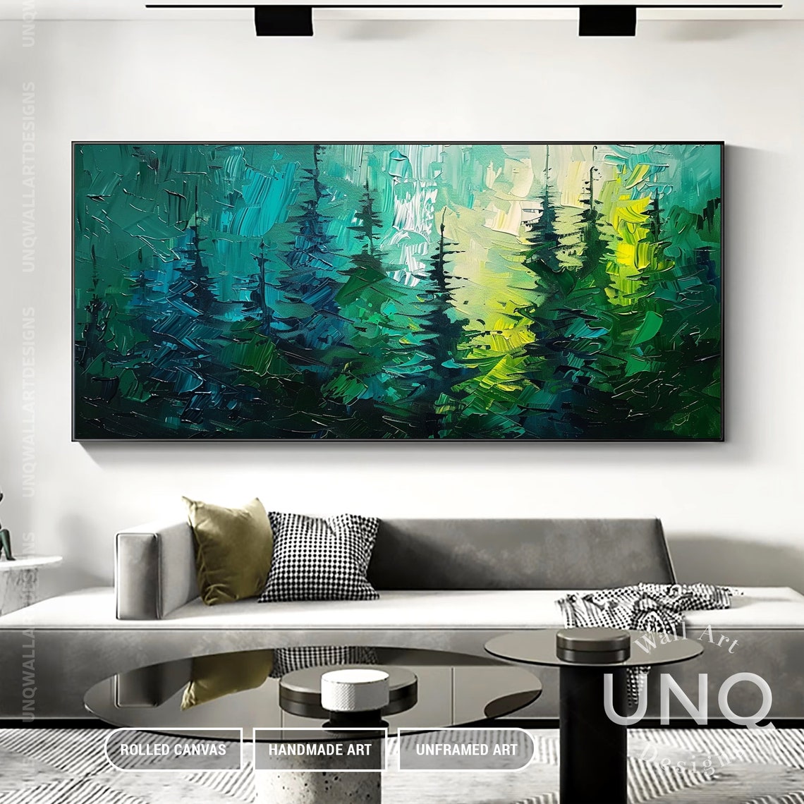 Green Pine Forest Palette Knife Trees Modern Nature Painting Poster - Image 2