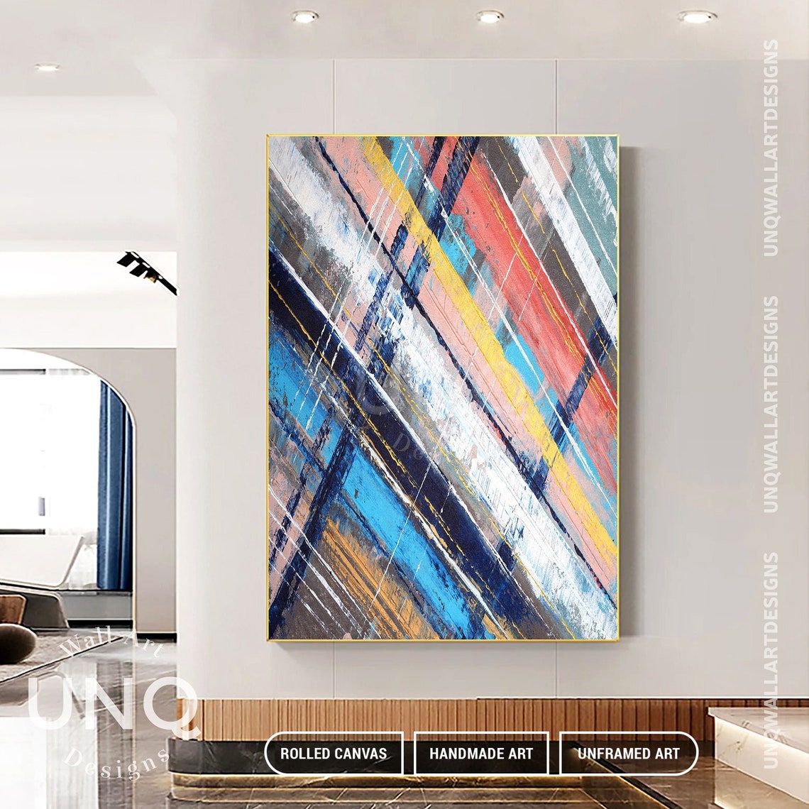 Multicolor Diagonal Stripes Blue Yellow Red Modern Abstract Art Poster - Image 4