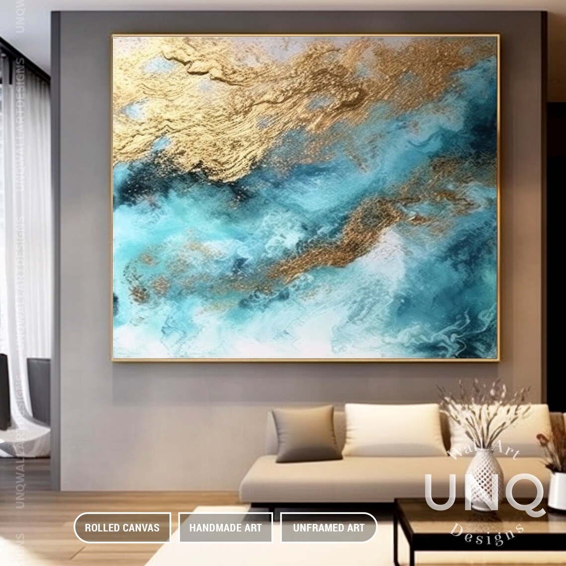 Blue Gold Leaf Ocean Abstract Wall Art Print - Image 2