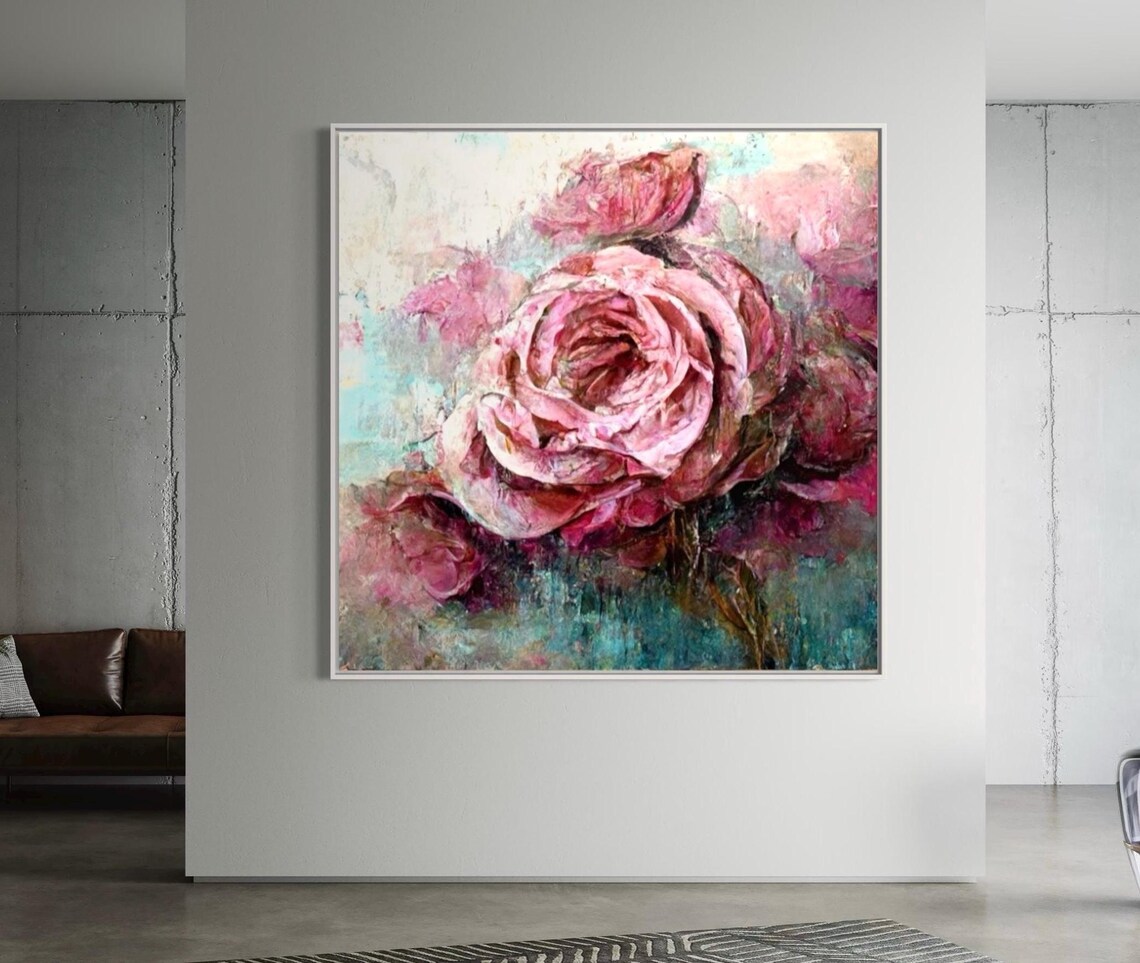 Pink Roses On Teal Grey Textured Floral Oil Painting Art Poster - Image 5