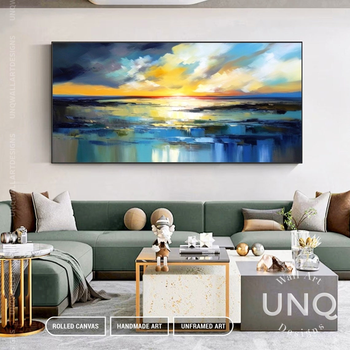 Dramatic Sunset Seascape Painting Golden Clouds Over Blue Sea Poster - Image 6