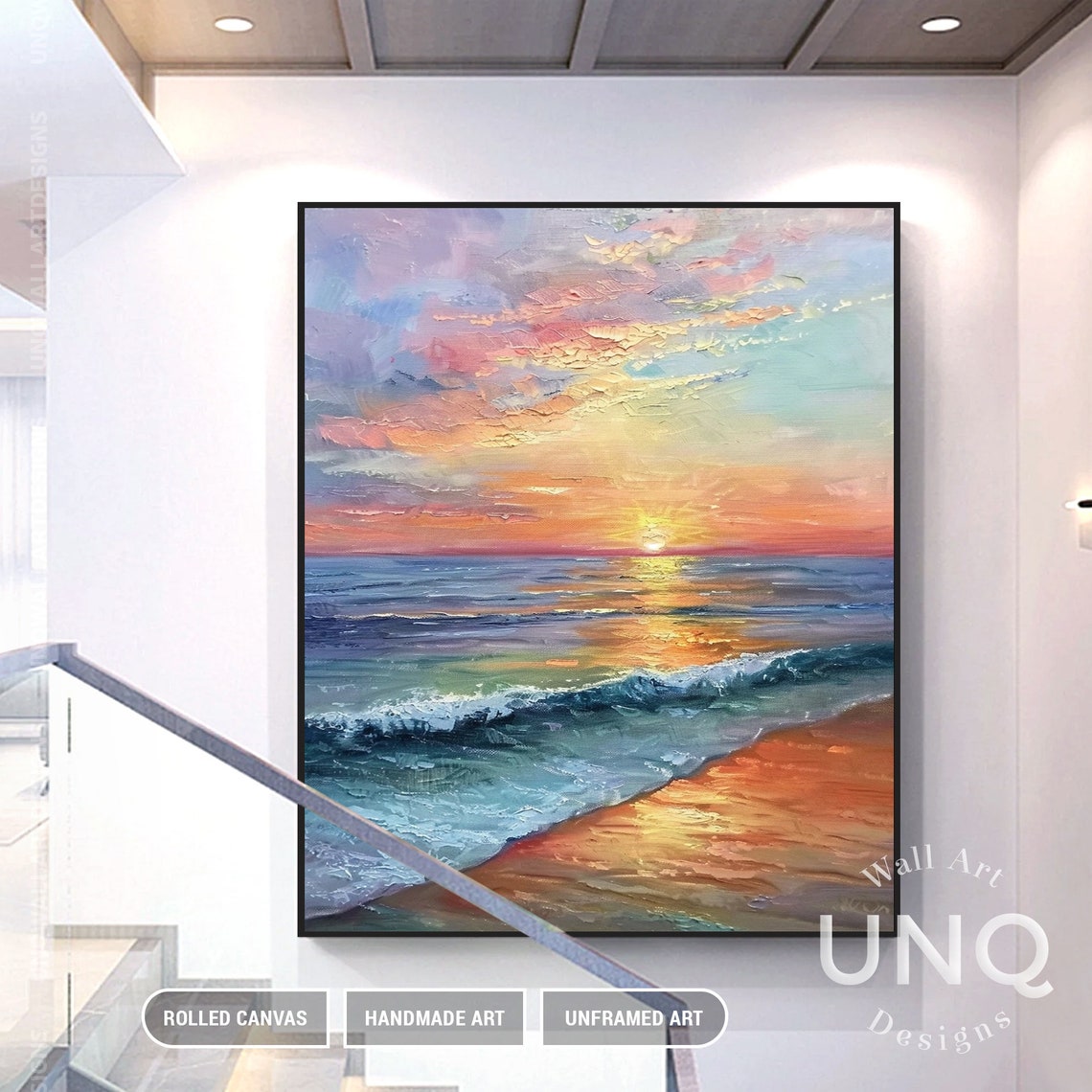 Pink Orange Sunset Ocean Waves Vertical Modern Seascape Art Poster - Image 2