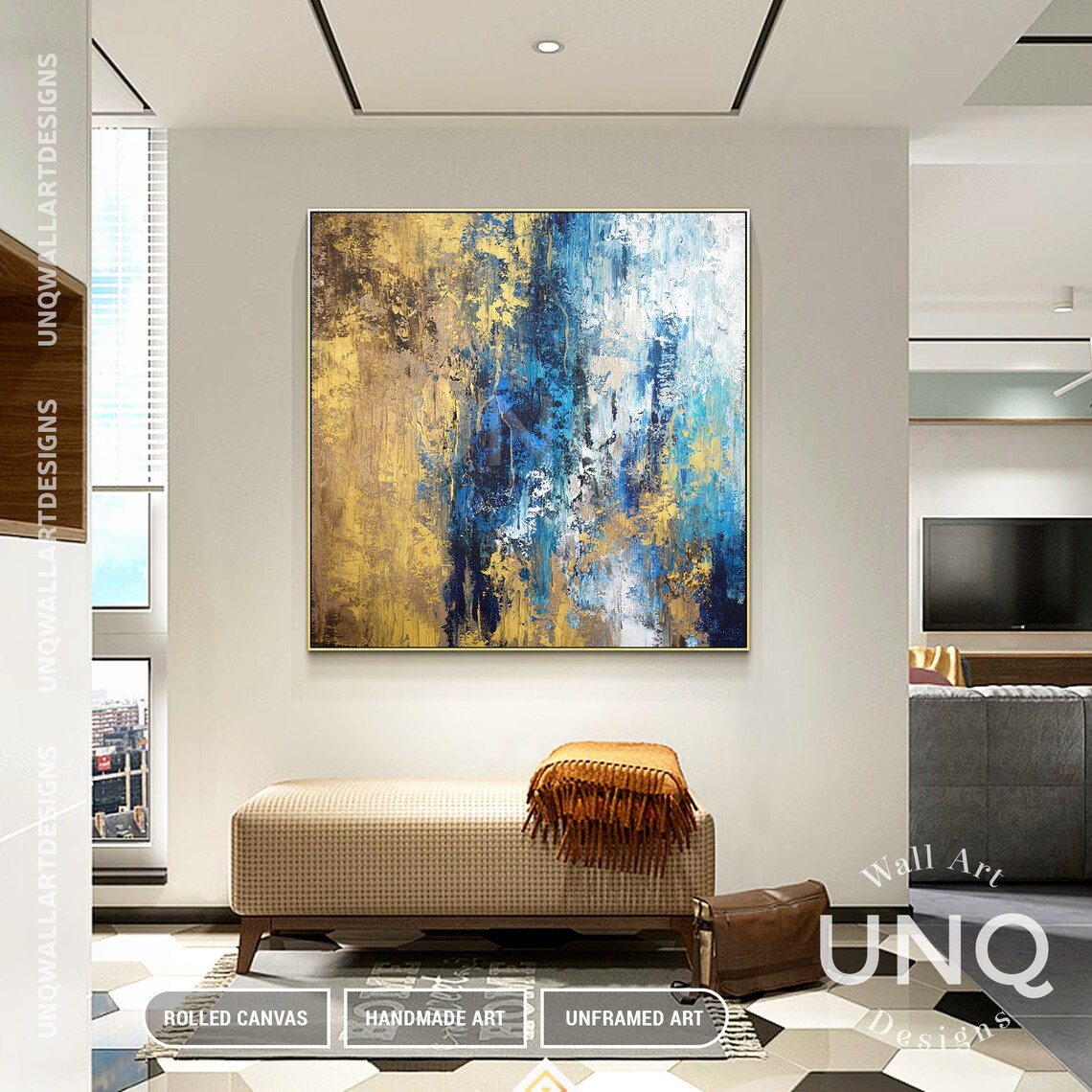 Navy Blue And Gold Vertical Heavy Texture Modern Abstract Art Poster - Image 6