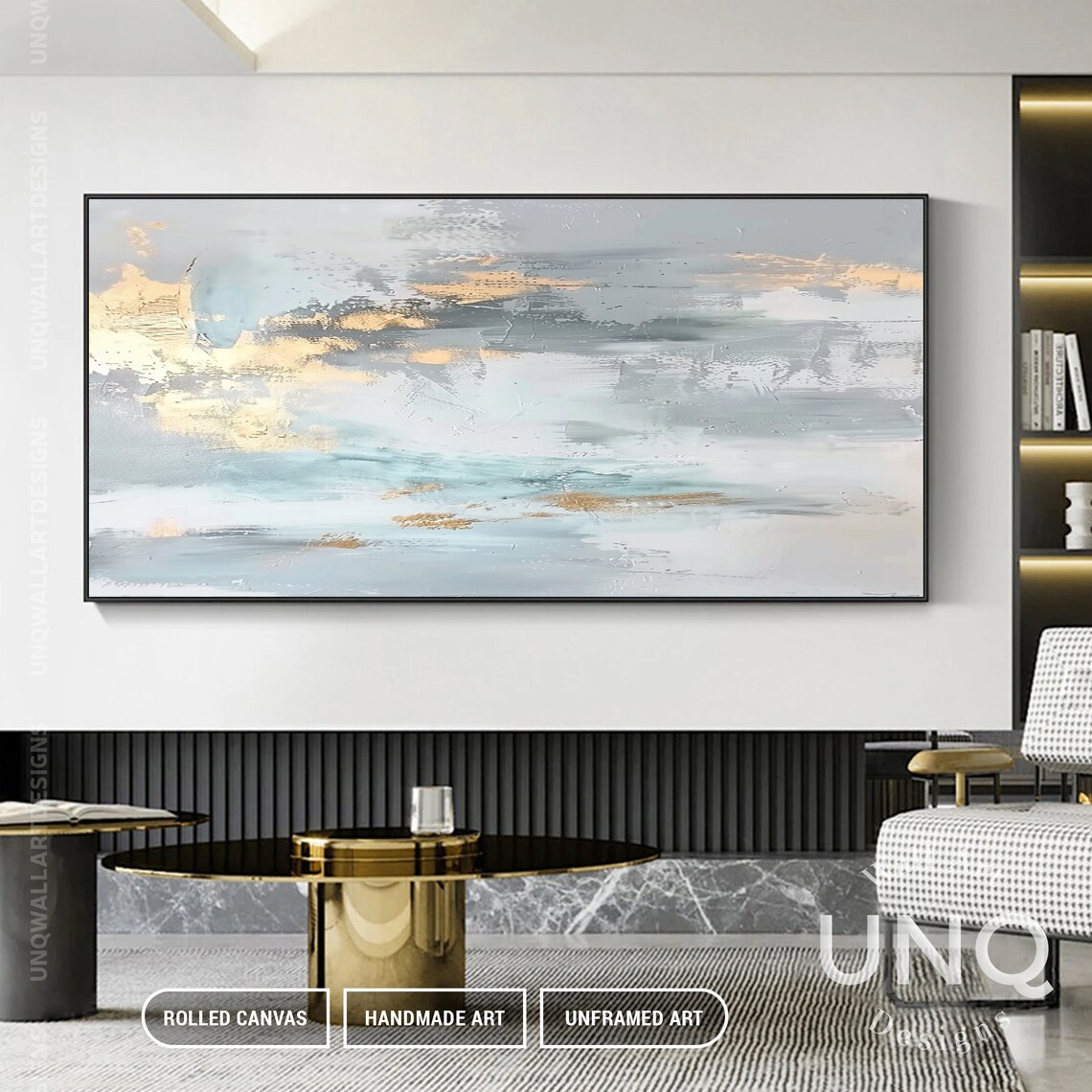 Contemporary Luxury Grey Gold Gift For Wall Extra Large Minimal Fine Decor Idea Oversized Unframed Silver Wall Art Gift For Her - Image 5