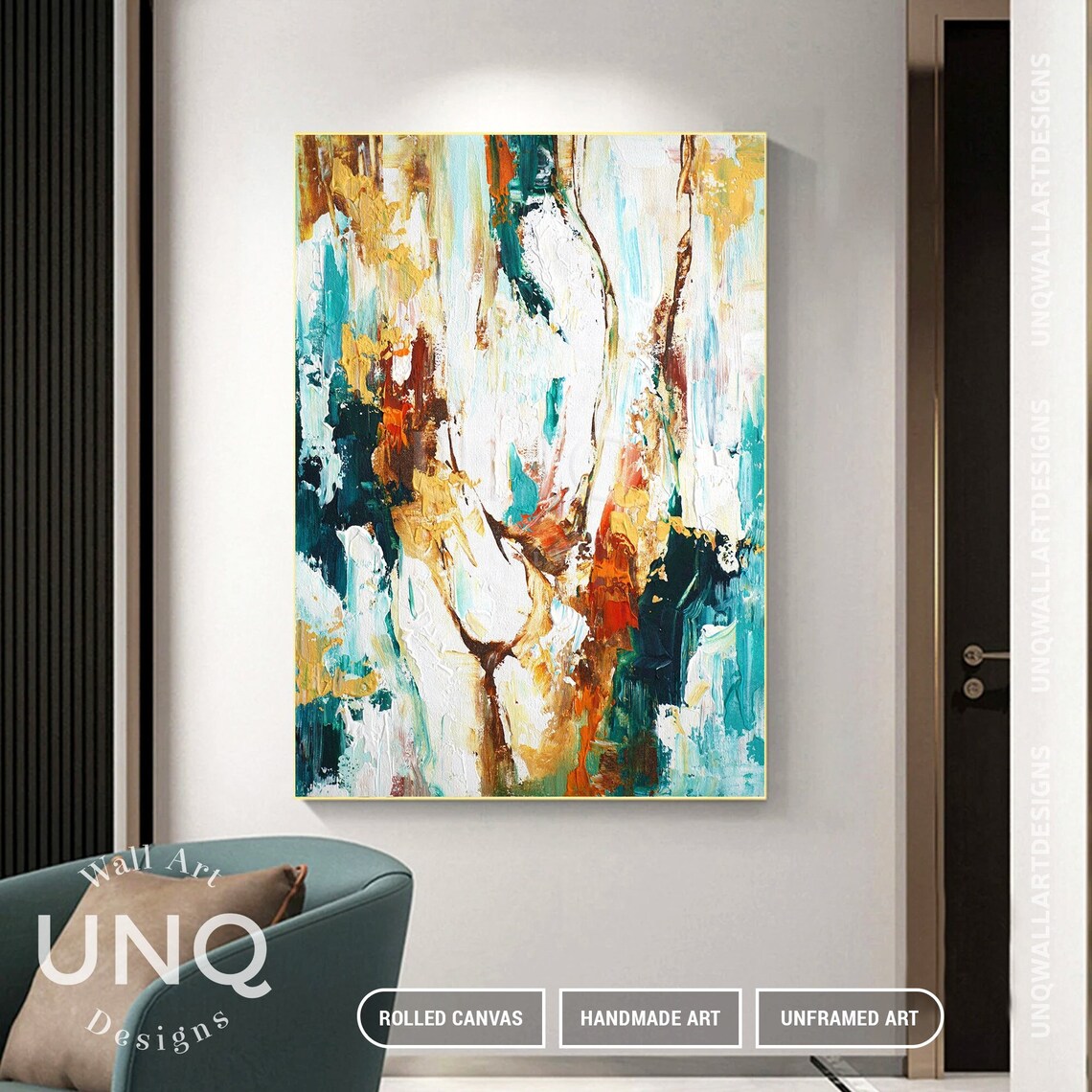Teal White And Gold Floral Impasto Modern Abstract Oil Painting Poster - Image 3
