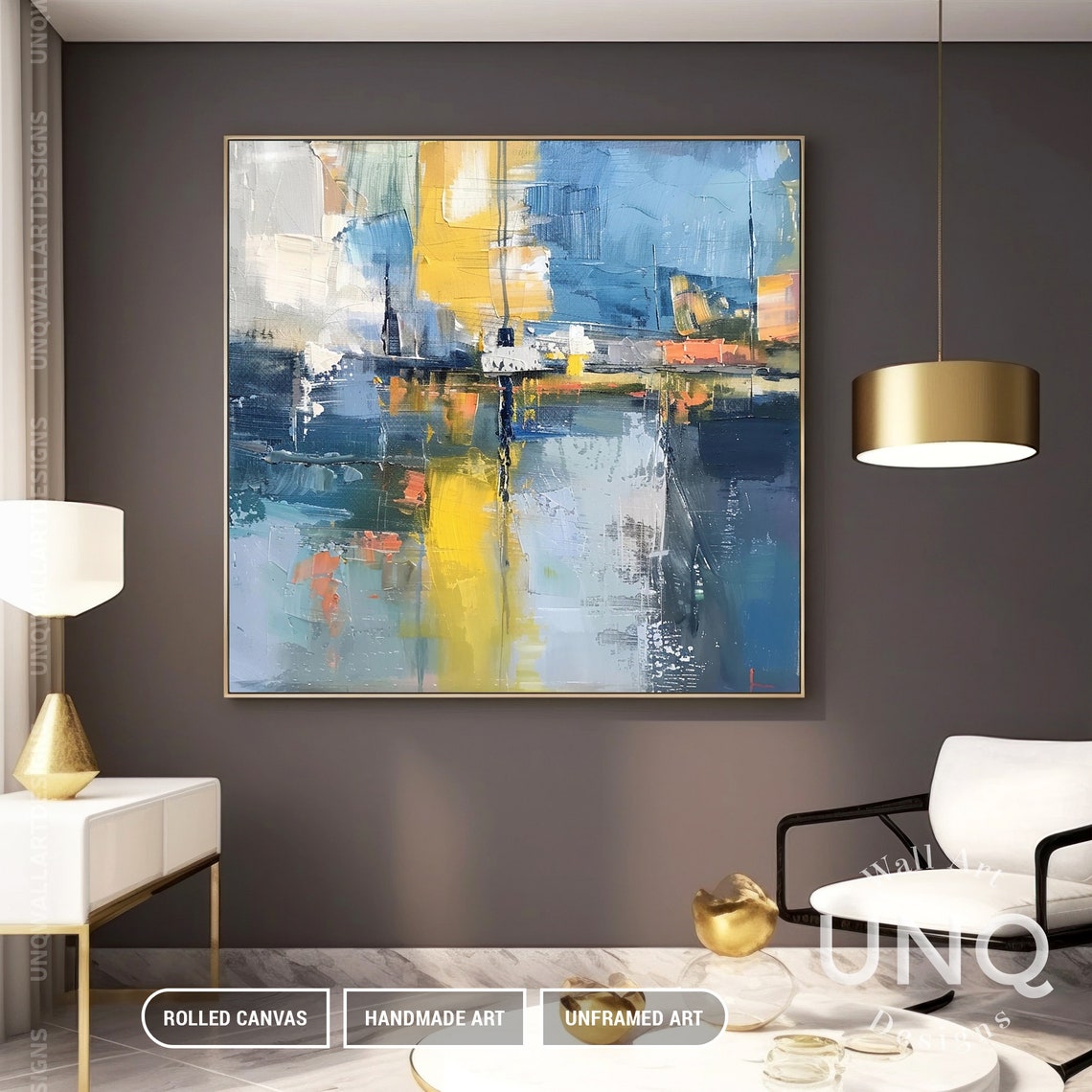 Blue And Yellow Abstract Cityscape Reflections Modern Urban Poster - Image 4