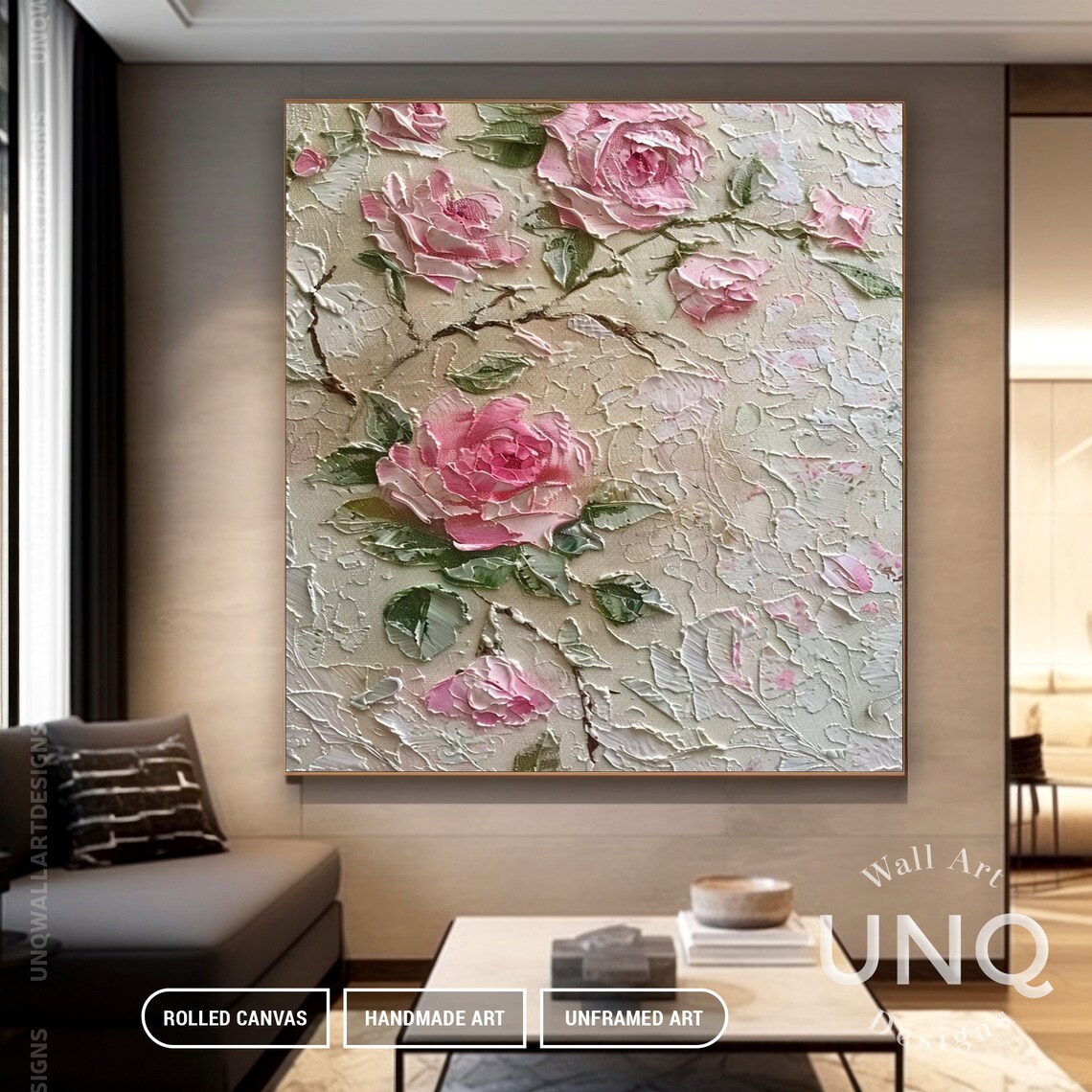 Pink Roses On Cream 3D Textured Embossed Floral Painting Art Poster - Image 5