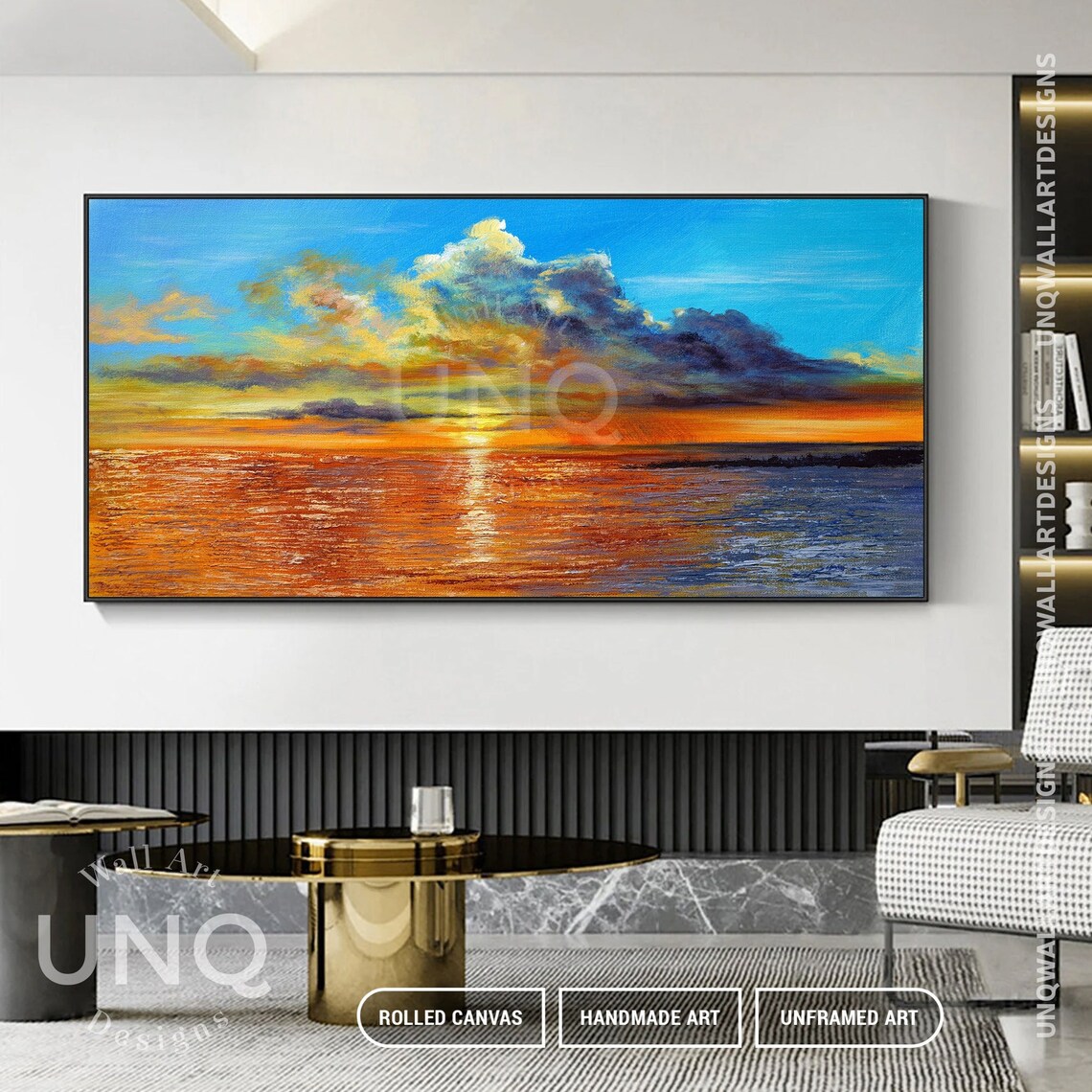 Golden Ocean Sunset Over Sea Dramatic Clouds Impasto Painting Poster - Image 4