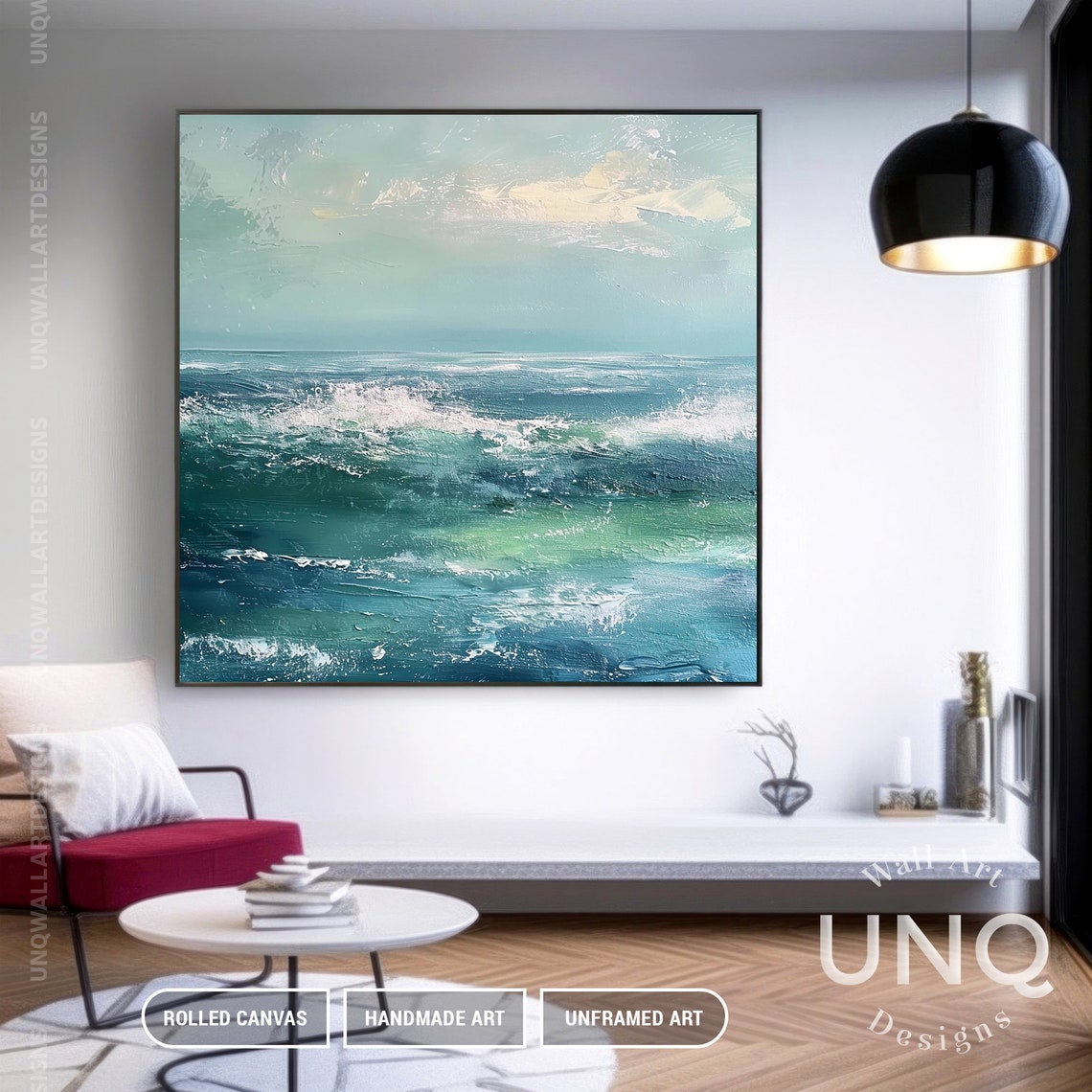 Teal Ocean Waves And Pale Sky Minimalist Modern Seascape Poster - Image 2