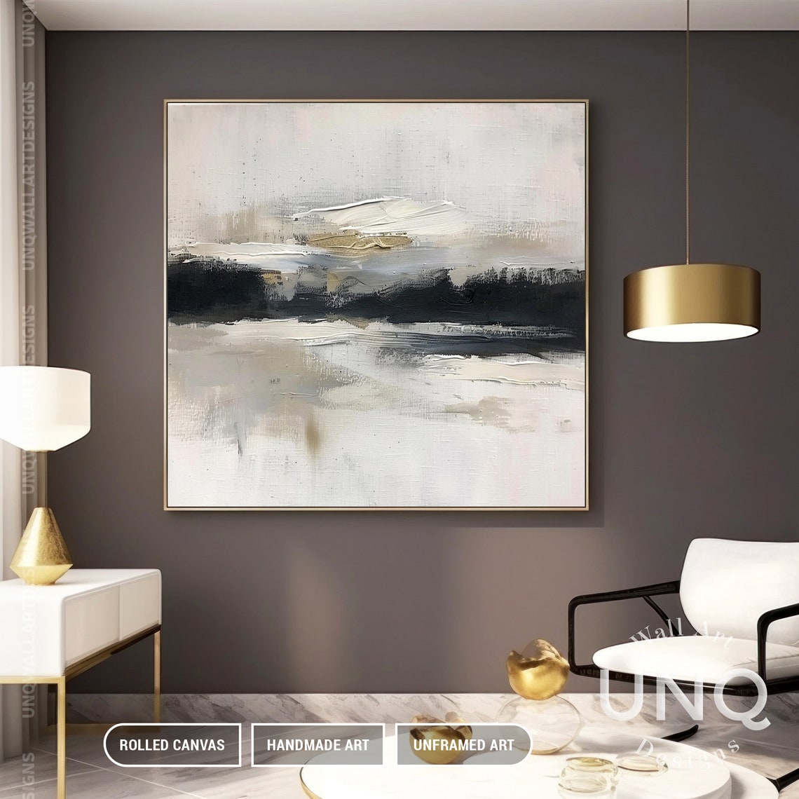 Beige Horizon And Black Band Minimalist Wide Modern Abstract Poster - Image 3