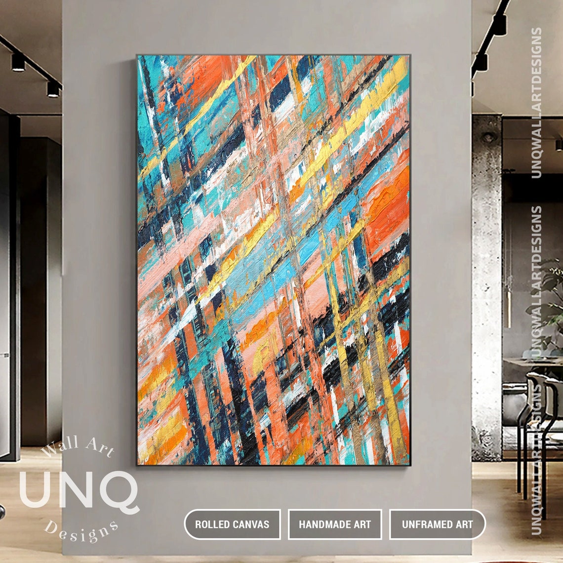 Orange Teal And Navy Diagonal Lines Colorful Modern Boho Art Poster - Image 4