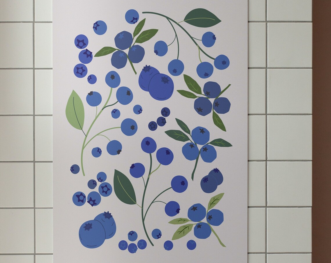 Blueberries Poster, Retro Abstract Kitchen Art Print