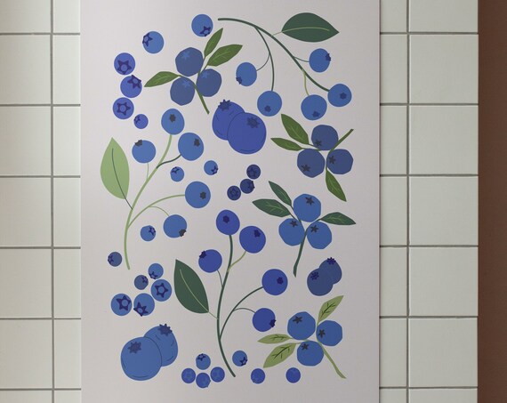 Blueberries Poster, Retro Abstract Kitchen Art Print