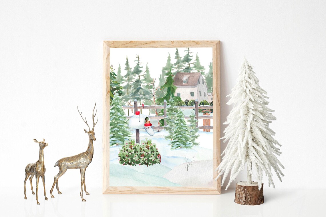 Snowy Winter Mailbox Watercolor Woodland Farmhouse Landscape Poster - Image 6