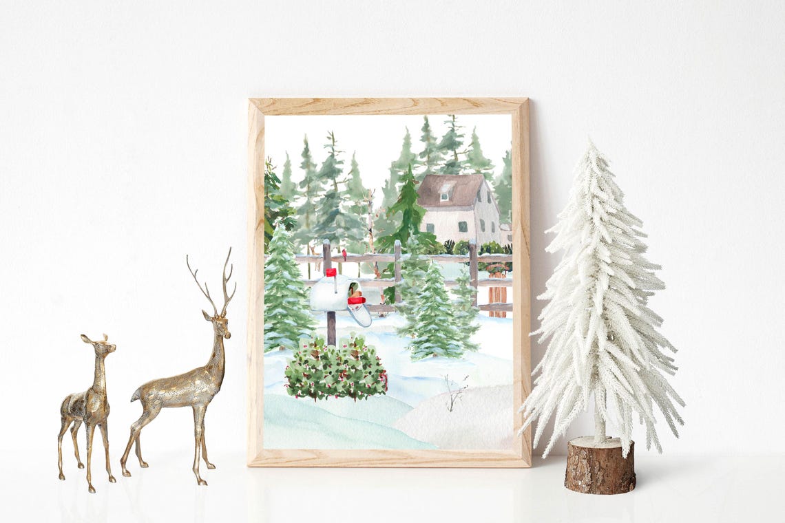 Winter Mailbox Wall Art Woodland Landscape Sign 5x7 8x10 85x11 11x14 16x20 Seasonal Watercolor Country Decor Diy Home Decor - Image 6