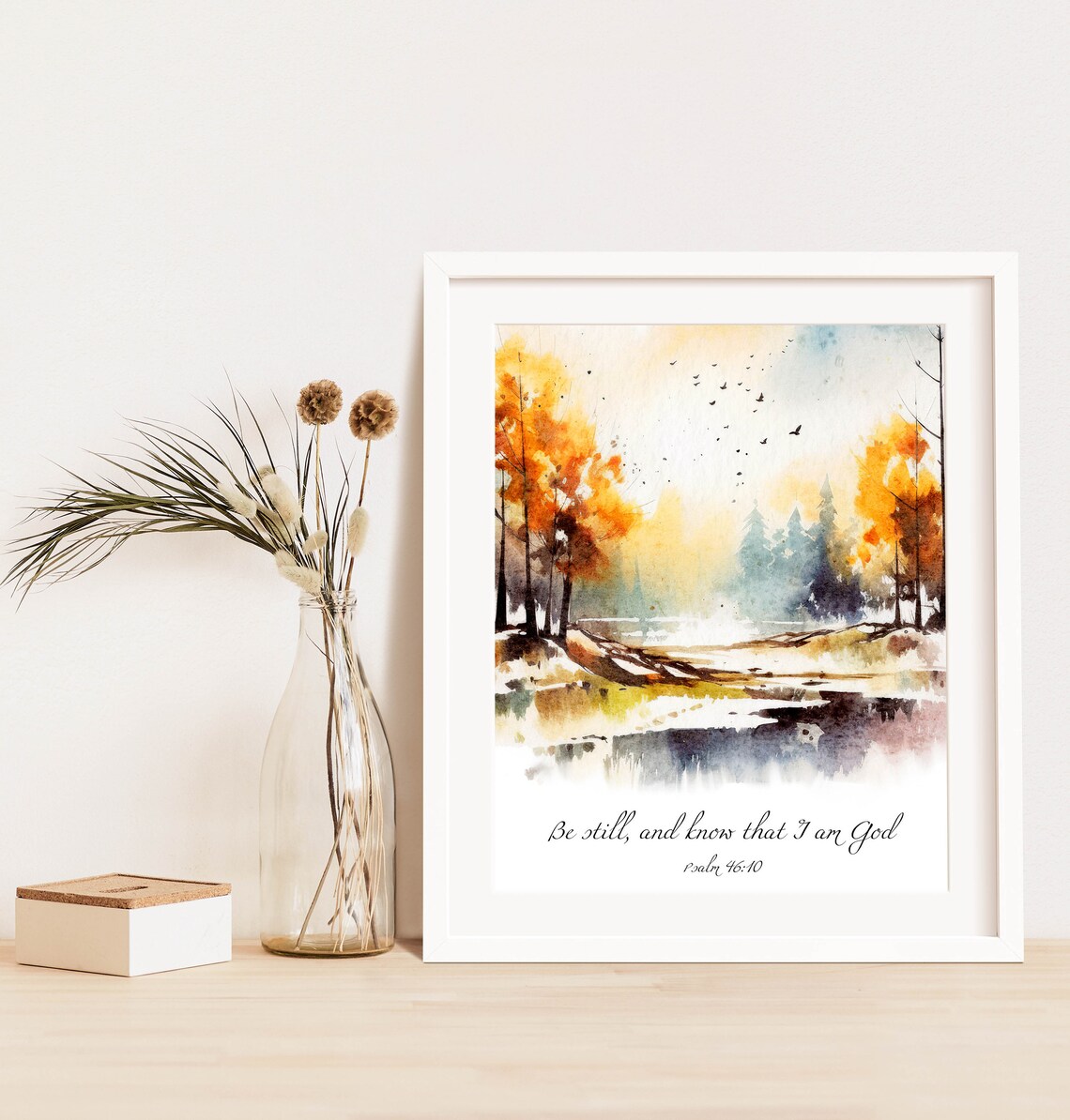 Be Still and Know That I Am God Psalm 46 10 Autumn Lake Watercolor Poster - Image 3